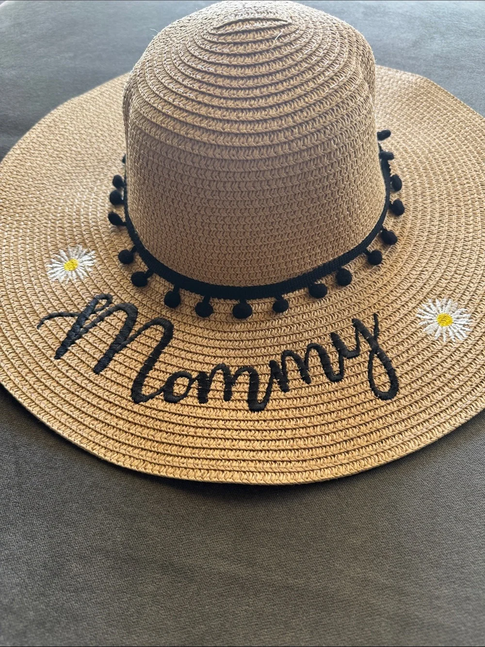 Wide Brim Straw Sun Hat with 'Mommy' Script & Daisy Embroidery One Size NEW